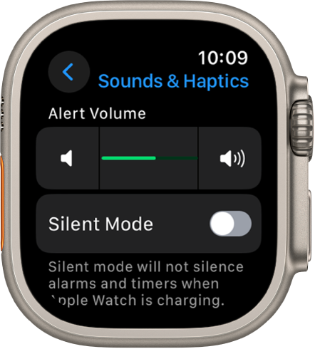 Apple Watchi seaded Sounds & Haptics, mille ülaosas on liugur Alert Volume ning selle all lüliti Silent Mode.