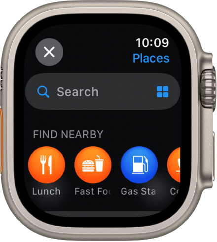Rakenduse Maps kuva Search, kus ülaosas on väli Search. Allosa läheduses kuvatakse pealkirja Find Nearby koos selliste kategooriatega nagu lõunasöögikohad ja bensiinijaamad.