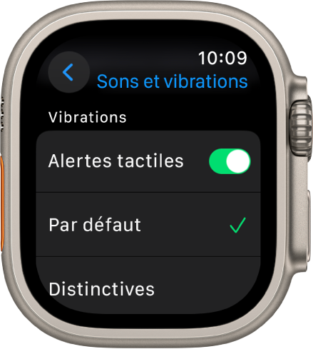 Réglages Sons et vibrations sur l’Apple Watch, avec le curseur des vibrations et les options Par défaut et Distinctives en dessous.