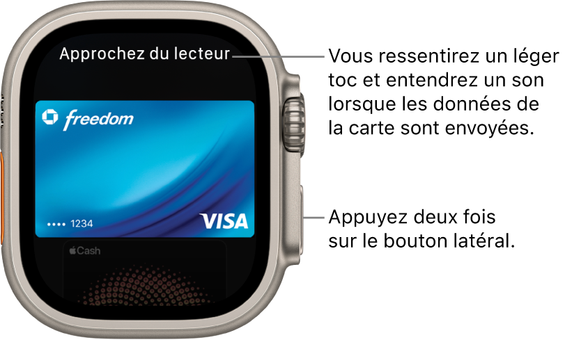 Écran Apple Pay avec « Approcher du lecteur pour payer » en haut. Vous ressentez un léger toc et entendez un son lorsque les données de la carte ont été envoyées.