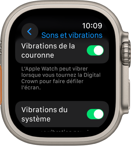 L’écran Vibrations de la couronne, avec le bouton Vibrations de la couronne en position « activé ». Le commutateur « Vibrations du système » figure en dessous.