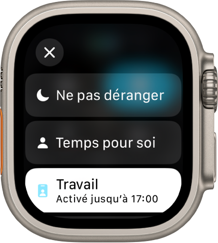 La liste des modes de concentration contient Ne pas déranger, Temps pour soi et Travail. Le mode de concentration Travail est activé.