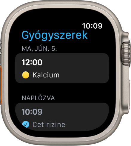 A Gyógyszerek app, amelyben a naplózott gyógyszerek és táplálékkiegészítők láthatók.