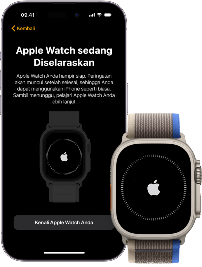 iPhone dan Apple Watch menampilkan layar penyelarasannya.