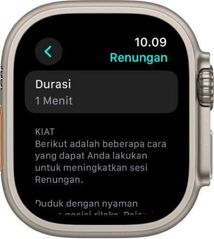 Layar app Kesadaran menampilkan durasi satu menit di bagian atas. Di bawah terdapat kiat untuk membantu meningkatkan sesi Renungan.