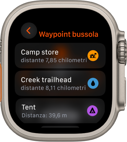 L’app Bussola con un elenco di waypoint.