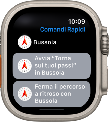 L’app Comandi Rapidi su Apple Watch con due comandi rapidi per la Bussola: “Inizia un percorso a ritroso in Bussola” e “Interrompi percorso a ritroso in Bussola”.