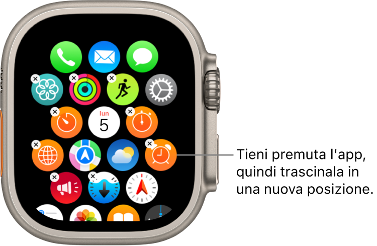 Schermata Home di Apple Watch in vista griglia.