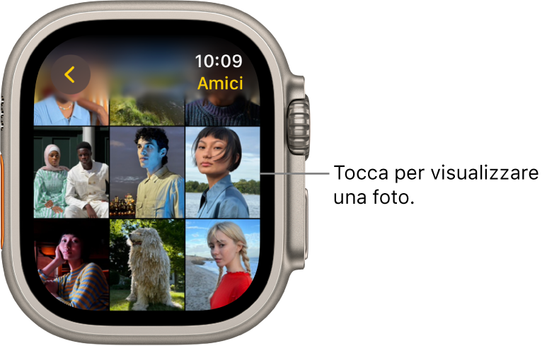 La schermata principale dell’app Foto su Apple Watch, con alcune foto visualizzate in una griglia.