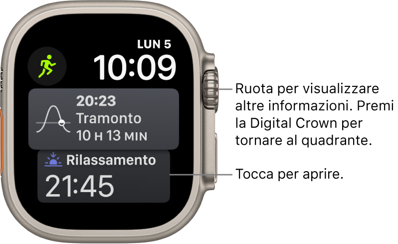 Il quadrante Siri con la data e l’ora in alto a destra. In alto a sinistra è visibile la complicazione “Fase lunare”. Sotto, è presente la complicazione Alba/Tramonto. In basso, è presente la complicazione Sonno.