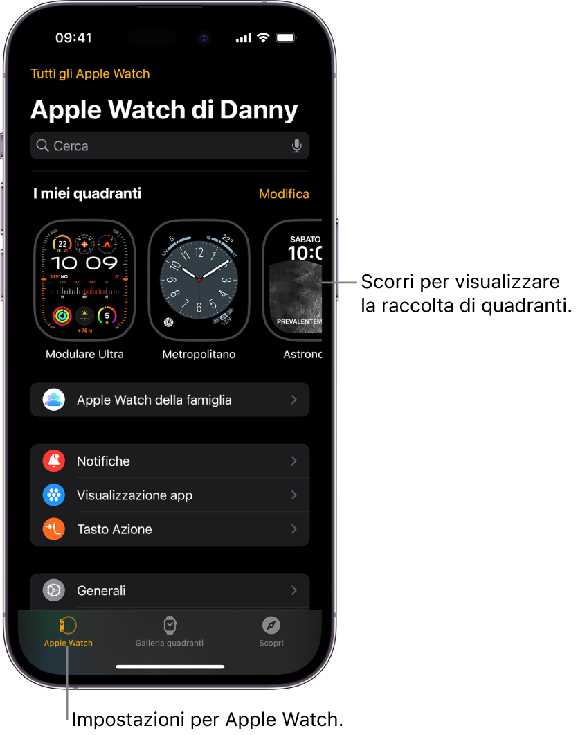 L’app Watch su iPhone si apre sulla schermata Apple Watch con i quadranti accanto alla parte superiore e le impostazioni sotto. Ci sono tre pannelli nella parte inferiore della schermata dell’app Watch: il pannello a sinistra è il pannello Apple Watch dove si trovano le impostazioni di Apple Watch; accanto si trova “Galleria quadranti” dove puoi esplorare i quadranti e le complicazioni disponibili; quindi il pannello Scopri da dove puoi scoprire di più sulle app per Apple Watch.