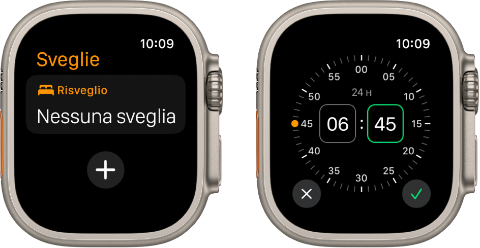 Due schermate dell’orologio che mostrano il processo di aggiunta di una sveglia: tocca “Aggiungi sveglia”, tocca AM o PM, gira la Digital Crown per regolare l’ora, quindi tocca il pulsante con il segno di spunta.
