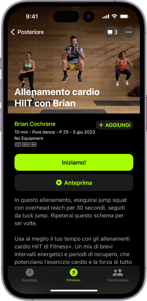 La schermata Apple Fitness+ con un allenamento. Un’immagine del team di trainer che esegue un allenamento pe visualizzata nella parte superiore dello schermo. Il titolo dell’allenamento e il nome del trainer della sessione di allenamento sono visualizzati al centro. I pulsanti per iniziare e visualizzare un’anteprima dell’allenamento sono visualizzati sopra le informazioni sull’allenamento.