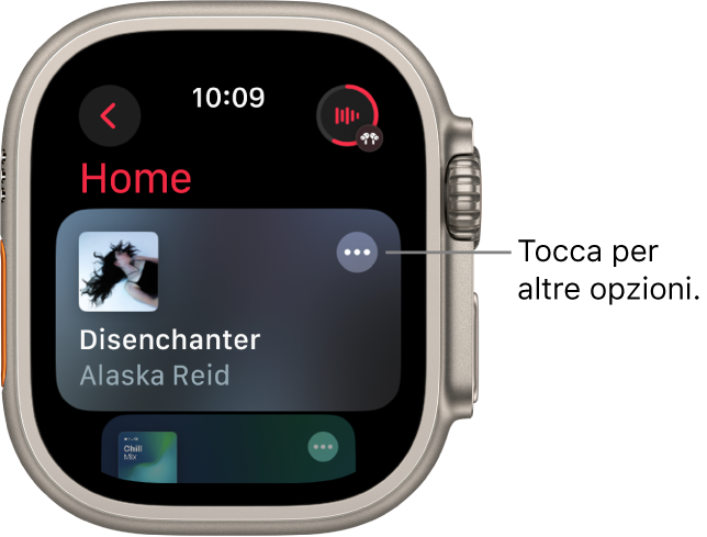 L’app Musica con la schermata Home e un album. In alto a destra è presente il pulsante “Altre opzioni”. In alto a destra è presente il pulsante “In riproduzione”. In alto a sinistra è visibile il pulsante Indietro.