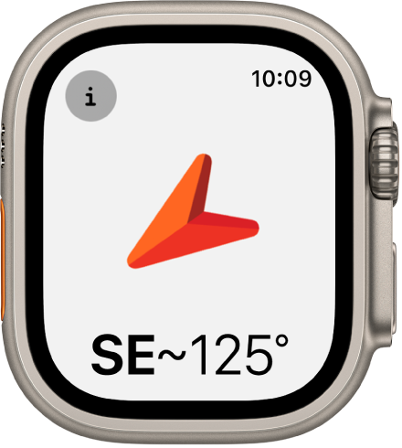 L’app Bussola con una grande freccia che mostra la direzione in basso. Il pulsante Info è in alto a sinistra.