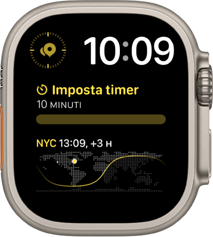 Il quadrante Modulare Duo con un orologio digitale in alto a destra e tre complicazioni: Waypoint Bussola in alto a sinistra, Timer al centro e Ore del mondo in basso.