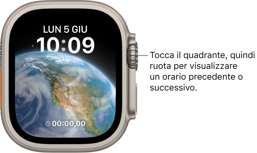 Il quadrante Astronomia con informazioni sul giorno, la data e l’ora attuale. In basso è presente la complicazione Timer. Tocca il quadrante, quindi ruota la Digital Crown per passare a un orario successivo o precedente.