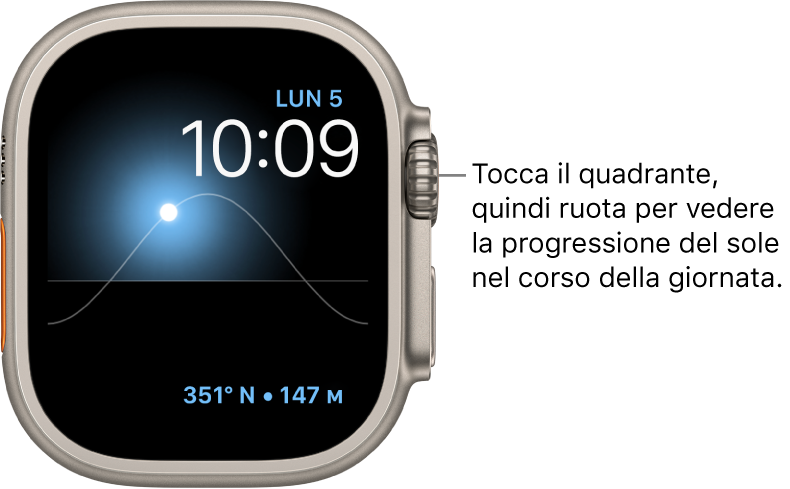 Il quadrante “Grafico solare” visualizza informazioni sul giorno, la data e l’ora attuale che non possono essere modificate. In basso a destra è presente la complicazione Bussola. Tocca il quadrante, quindi ruota la Digital Crown per spostare il Sole nel cielo in corrispondenza del crepuscolo, dell’alba, dello zenit, del tramonto o della notte.