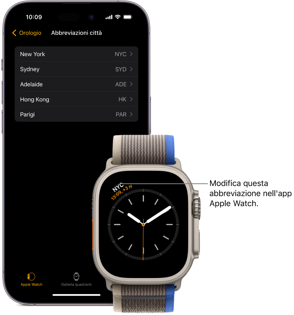 iPhone e Apple Watch, uno accanto all’altro. Lo schermo di Apple Watch mostra l’ora locale di New York con l’abbreviazione NYC. La schermata di iPhone mostra l’elenco delle città nelle impostazioni Orologio nell’app Watch.