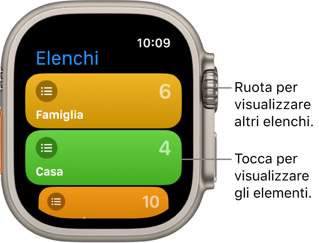 La schermata con gli elenchi dell’app Promemoria con due pulsanti elenco: Famiglia e Casa. I numeri sulla destra indicano il numero di promemoria presenti in ciascun elenco. Tocca un elenco per visualizzarne gli elementi oppure ruota la Digital Crown per consultare altri elenchi.