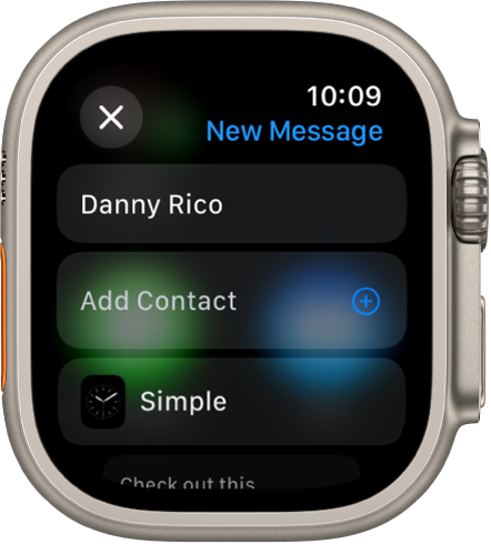 Ekranas „Apple Watch“, kuriame parodytas laikrodžio ciferblato bendrinimo pranešimas su gavėjo vardu viršuje. Žemiau yra mygtukas „Add Contact“ ir laikrodžio ciferblato pavadinimas.