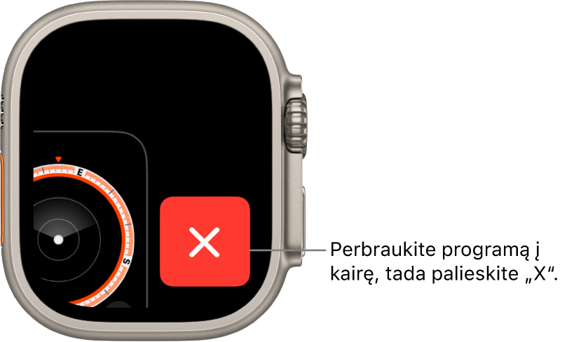 Programų perjungiklio dešinėje pusėje rodomas didelis ženklas X, o kairėje – programos rodinio dalis. Norėdami ištrinti programą iš programų perjungiklio, palieskite X.