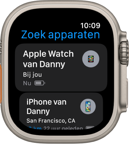 De app Zoek apparaten met twee apparaten: een Apple Watch en een iPhone.