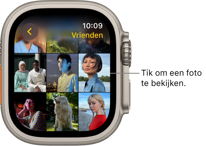 Het hoofdscherm van de Foto's-app op de Apple Watch, met verschillende foto's in een raster.