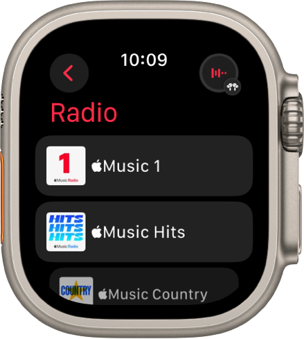 Het Radio-scherm met drie Apple Music-stations. Rechtsbovenin bevindt zich de knop 'Huidige'. Linksbovenin bevindt zich de terugknop.