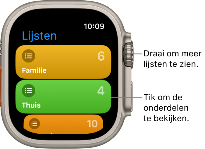 Het Lijst-scherm in de Herinneringen-app, met twee lijstknoppen: 'Gezin' en 'Thuis'. Een getal aan de rechterkant geeft aan hoeveel herinneringen er in elke lijst staan. Tik op een lijst om de onderdelen in de lijst te bekijken of draai de Digital Crown om meer lijsten weer te geven.