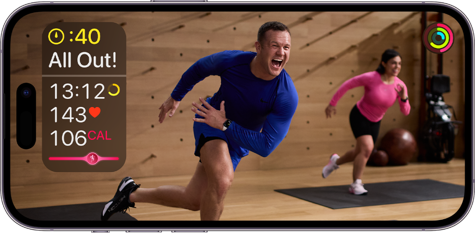 Een Fitness+-work-out op een iPhone, met de resterende tijd, de hartslag en het aantal verbrande calorieën.