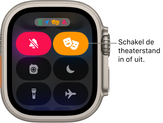 Bedieningspaneel waarin de knoppen voor de theatermodus en de stille modus zijn gemarkeerd om aan te geven dat de theatermodus is ingeschakeld.