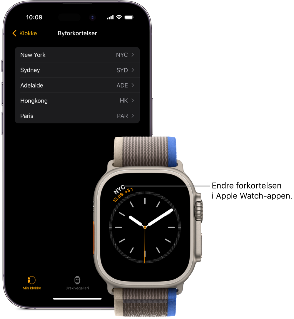 En iPhone og Apple Watch ved siden av hverandre. Apple Watch-skjermen viser klokkeslettet i New York City, med forkortelsen NYC. iPhone-skjermen viser en liste over byer i Klokke-innstillinger i Apple Watch-appen.