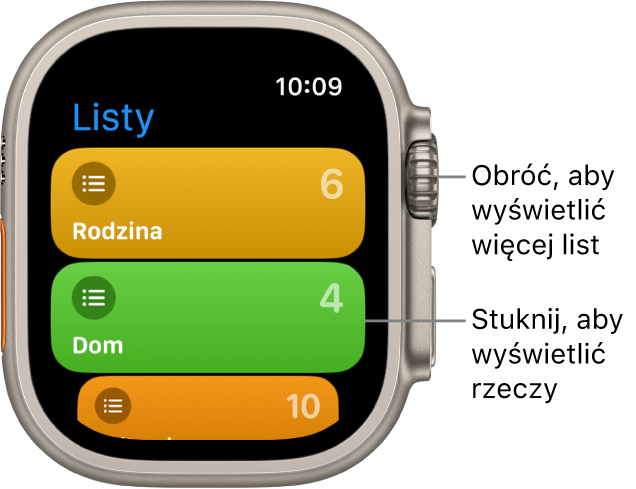 Ekran list w aplikacji Przypomnienia, wyświetlający dwa przyciski list: Rodzina oraz Dom. Liczby informują, ile przypomnień znajduje się na każdej liście. Stuknij w wybraną listę, aby zobaczyć znajdujące się na niej pozycje. Obróć Digital Crown, aby zobaczyć więcej list.