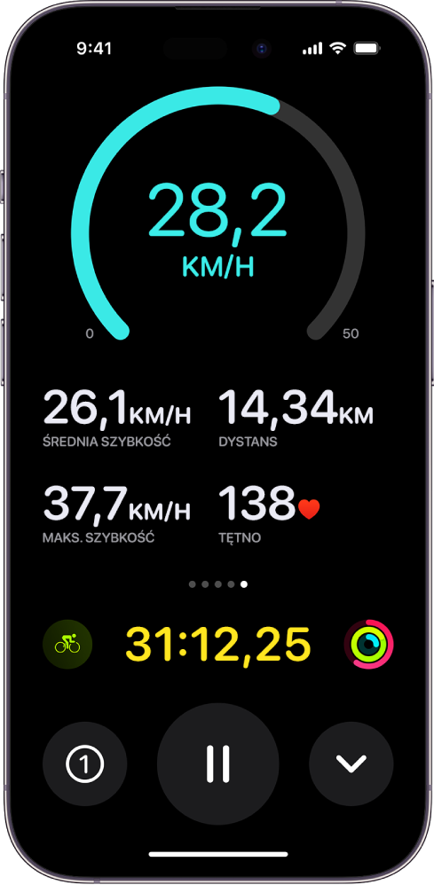 Trwający trening na rowerze, wyświetlany jako wydarzenie na żywo na iPhonie. Widoczny jest czas trwania treningu, szybkość, średnia szybkość, pokonana odległość, maksymalna szybkość, tętno oraz łączny czas trwania treningu.