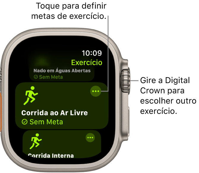 A tela Exercício com o exercício de Corrida ao Ar Livre destacado. O botão Mais encontra-se na parte superior direita do mosaico do exercício.