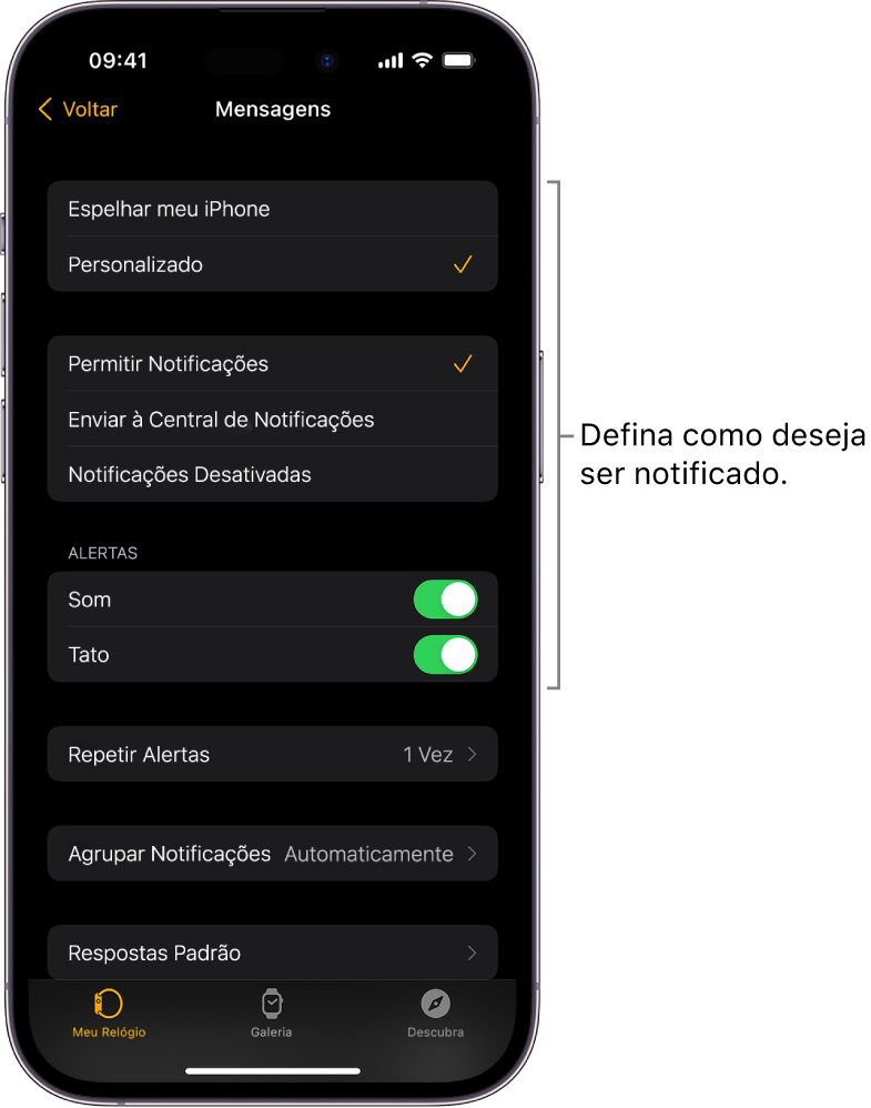 Ajustes do Mensagens no app Apple Watch no iPhone. Você pode escolher se deseja mostrar alertas, ativar o som, ativar o tato e repetir alertas.