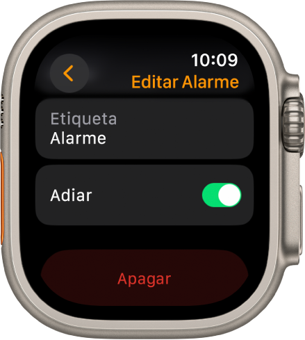 Tela Editar Alarme, com o botão Apagar na parte inferior.