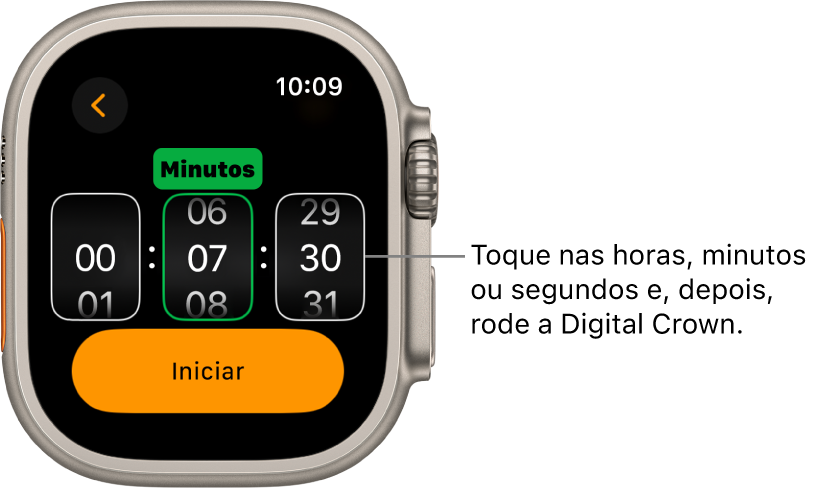 Definições para criar um temporizador personalizado, com as horas à esquerda, os minutos no meio e os segundos à direita. O botão de início encontra-se abaixo.