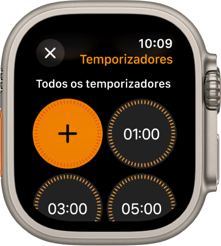 O ecrã da aplicação Temporizador com o botão de adicionar para criar um novo temporizador, e temporizadores rápidos para 1, 3 ou 5 minutos.