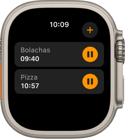 Dois temporizadores na aplicação Temporizadores. Um temporizador designado “Bolachas” está junto à parte superior. Por baixo está um temporizador designado “Pizza”. Cada temporizador mostra o tempo restante por baixo do nome do temporizador e um botão de pausa à direita. O botão “Adicionar” encontra-se na parte superior direita.