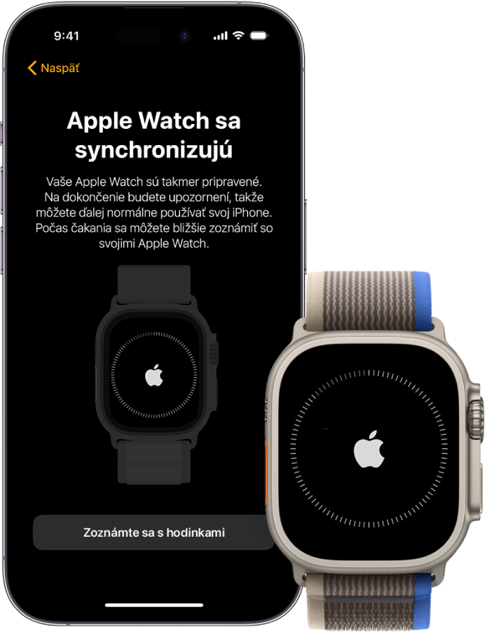 iPhone a Apple Watch zobrazujúce obrazovky synchronizácie.