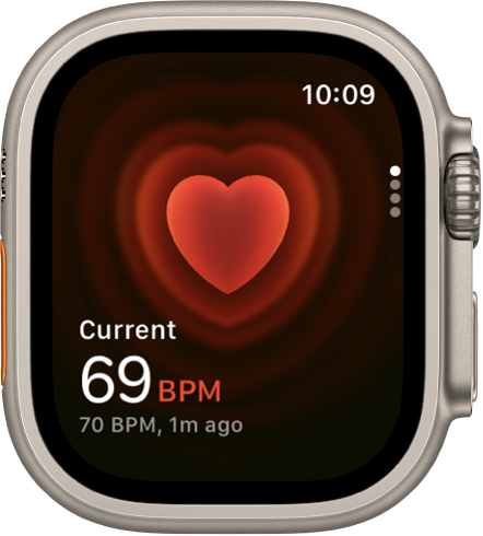 Aplikacija Heart Rate (Srčni utrip) s prikazom trenutne hitrosti srčnega utripa spodaj levo, prikazom zadnjega odčitka v manjšem tisku pod njim