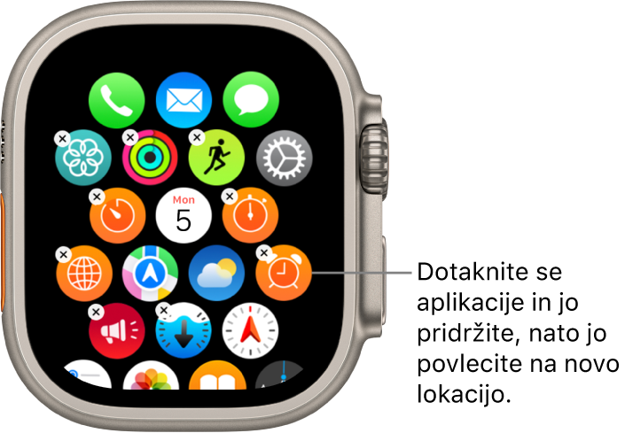 Zaslon Home (Domov) ure Apple Watch z aplikacijami v mreži.