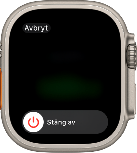 Apple Watch-skärmen visar reglaget Stäng av. Stäng av Apple Watch genom att dra reglaget.