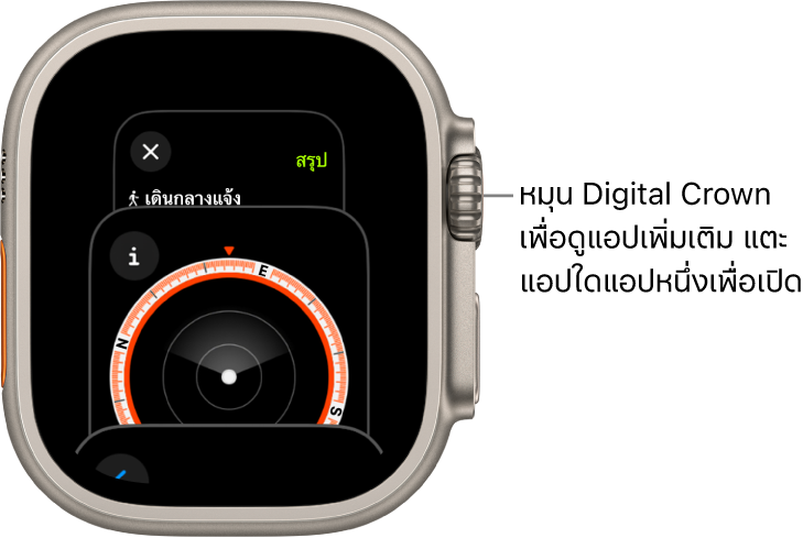 แถบสลับแอปที่แสดงแอปเข็มทิศ หมุน Digital Crown เพื่อดูแอปเพิ่มเติม แตะที่แอปเพื่อเปิด