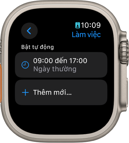 Màn hình chế độ tập trung Làm việc đang hiển thị một lịch trình từ 9 giờ sáng đến 5 giờ chiều vào các ngày thường. Nút Thêm mới ở bên dưới.