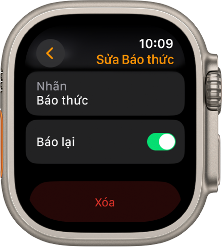 Màn hình Sửa báo thức, với nút Xóa ở dưới cùng.