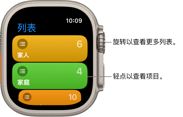 “提醒事项” App 的“列表”屏幕显示两个列表按钮，分别是“家庭”和“工作”。右侧的数字告诉你每个列表中有多少个提醒事项。轻点列表以查看其中的项目，或者旋转数码表冠以查看更多列表。