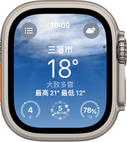 「天氣」App 顯示當日天氣的概覽。畫面顯示位置名稱，下面是目前的氣溫。底部有三個按鈕：「紫外線指數」、「風速」和「降水」。「位置列表」按鈕位於左上方，「天氣概況」按鈕位於右上方。